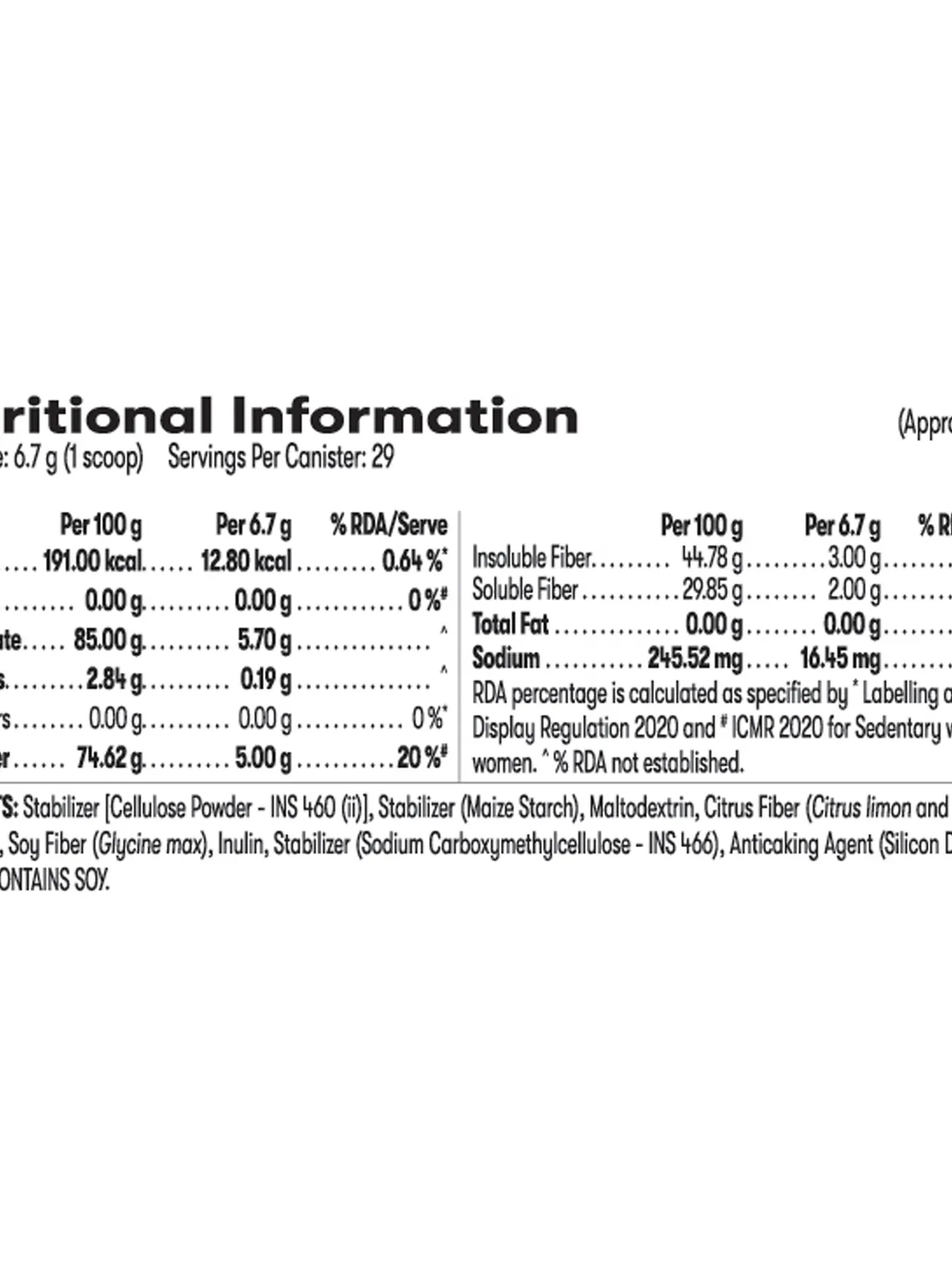 Nutrition information label for Active Fiber Complex