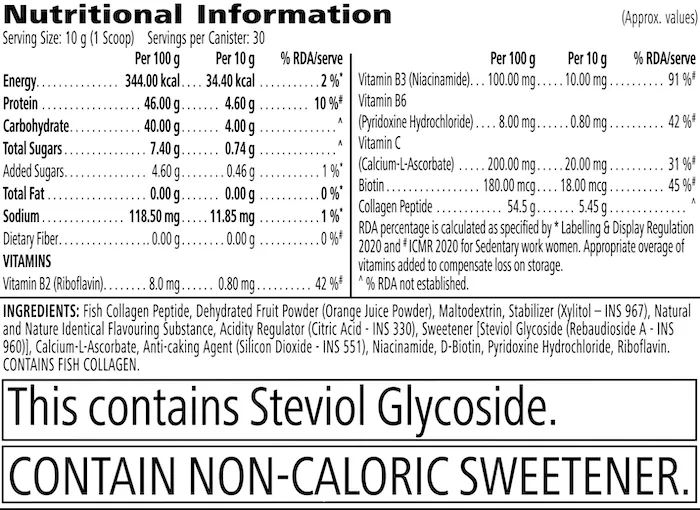 Nutrition information label for HN - Skin Booster