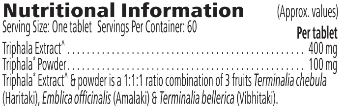 Nutrition information label for Vritilife® Triphala 